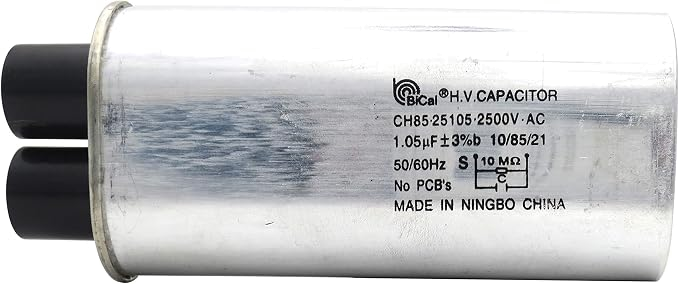 Industrial Microwave Oven High Voltage Capacitor HVC CH85.25105, 2500 VAC, 1.05 µF ±3%, 50/60 Hz, 6 x 0.7 mm Pins (3+3), with Internal 10 MΩ Discharge Resistor, No PCBs